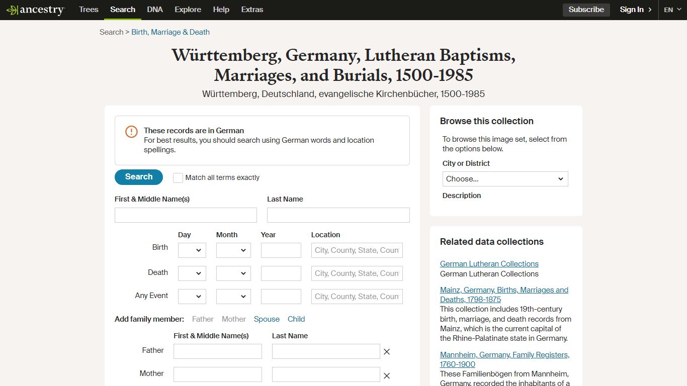 Württemberg, Germany, Lutheran Baptisms, Marriages, and ...